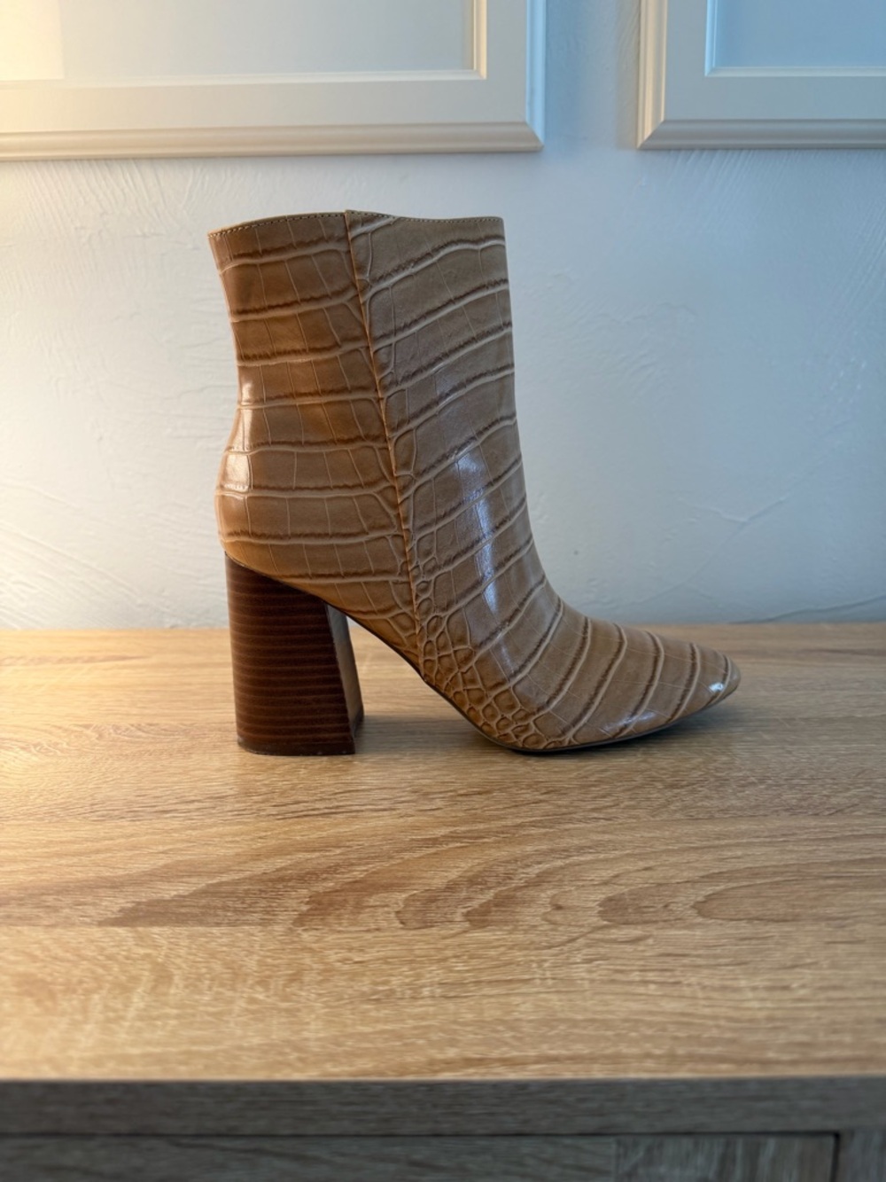 Nine West Women's Tan Croc-Embossed Block Heel Ankle Boot, Gently Used